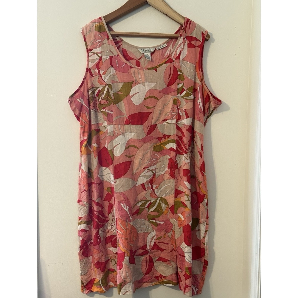 Uniform Woman John Paul Richard 100% Linen Floral Sleeveless Midi Shift Dress 24